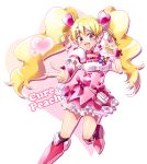  1girl :d \m/ blonde_hair boots character_name choker corset cure_peach earrings fresh_precure! frills hair_ornament heart heart_hair_ornament hitopm jewelry knee_boots long_hair magical_girl momozono_love open_mouth pink_eyes pink_skirt precure skirt smile solo twintails v wrist_cuffs 