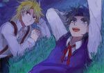  2boys arms_behind_head blonde_hair blue_eyes blue_hair bow dio_brando grass jojo_no_kimyou_na_bouken jonathan_joestar lying multiple_boys necktie night night_sky open_mouth red_eyes resting sewenan sky smile sweater_vest young 