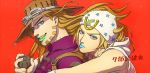  2boys ball blonde_hair blue_eyes brown_hair goggles_on_hat gyro_zeppeli hat horseshoe johnny_joestar jojo_no_kimyou_na_bouken lipstick long_hair makeup multiple_boys smskt_25 steel_ball_run 