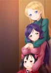  3girls anger_vein ayase_eli black_hair blonde_hair blue_eyes blush breast_rest breasts breasts_on_head green_eyes highres hug hug_from_behind long_hair looking_at_viewer love_live!_school_idol_project multiple_girls ponytail purple_hair red_eyes satou_kuuki short_hair smile toujou_nozomi twintails yazawa_nico 