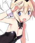  1girl animal_ears bare_shoulders blonde_hair blue_eyes blush bunnysuit detached_collar erica_hartmann looking_at_viewer lowres open_mouth rabbit_ears salute shimada_fumikane short_hair smile solo strike_witches wrist_cuffs 