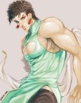 1boy black_hair blue_eyes china_dress chinese_clothes cleavage_cutout crossdressinging dated earrings highres jewelry jojo_no_kimyou_na_bouken kuujou_joutarou manly muscle no_hat owota pantyhose pectorals solo 