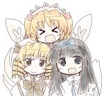  &gt;_&lt; 3girls :&gt; black_hair blonde_hair blue_eyes bow closed_eyes double_v dress drill_hair grey_eyes hair_bow hat long_hair luna_child multiple_girls nekoma_(phage) open_mouth revision short_hair short_twintails smile star_sapphire sunny_milk touhou twintails v wings 