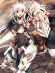  1girl animal_ears armor bodysuit centaur haik highres original saddle shield solo tagme tail weapon 