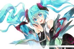  1girl aqua_eyes aqua_hair bridal_gauntlets enjelicious floating_hair hatsune_miku long_hair looking_at_viewer miku_append necktie open_mouth solo twintails vocaloid vocaloid_append 