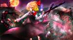  1girl blonde_hair blood blood_on_face bloody_clothes building cross darkness full_moon hair_ribbon monster moon mouth night nolvi red_eyes ribbon rumia shirt short_hair skirt touhou vest 