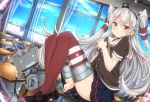  1girl adapted_costume amatsukaze_(kantai_collection) blue_skirt blush cherry_blossoms choker classroom jianren kantai_collection long_hair looking_at_viewer o_o personification petals red_legwear rensouhou-kun school_uniform serafuku short_sleeves silver_hair skirt striped striped_legwear thigh-highs yellow_eyes 