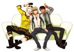  3boys barnaby_brooks_jr blonde_hair brown_hair cellphone couch kaburagi_t_kotetsu mikuni_saho multiple_boys phone ryan_goldsmith self_shot smartphone tiger_&amp;_bunny v 