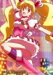  1girl :d blonde_hair boots choker corset cure_peach fresh_precure! frills hair_ornament heart_hair_ornament knee_boots long_hair magical_girl momozono_love open_mouth pink_eyes precure puffy_sleeves shirono smile solo standing_on_one_leg twintails wrist_cuffs 