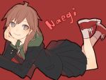  1girl ahoge brown_hair chin_rest dangan_ronpa genderswap grey_eyes hand_on_own_cheek hoodie io_(sinking=carousel) long_hair naegi_makoto open_clothes open_jacket skirt smile solo 