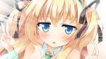  1girl blonde_hair blue_eyes blush close-up detached_collar double_v hair_ornament highres long_hair looking_at_viewer solo syuurin twintails v 
