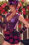  1girl blurry breasts cleavage depth_of_field emg_(christain) flower gloves hair_bobbles hair_ornament highres hirose_yasuho jojo_no_kimyou_na_bouken jojolion pink_hair popsicle solo sweat violet_eyes 