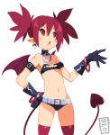  1girl armband bangle belt black_gloves blush bracelet choker demon_girl demon_tail demon_wings disgaea earrings etna flat_chest gloves hand_on_hip jewelry mini_wings navel official_style pointy_ears red_eyes red_legwear redhead shogun_(shoguchihime) short_shorts shorts skull solo tail thigh-highs tubetop twintails wings 