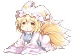  1girl :&lt; all_fours blonde_hair chibi chikuwa_savi dress fox_tail hat hat_with_ears long_sleeves looking_at_viewer multiple_tails oversized_clothes simple_background sleeves_past_wrists solo tabard tail touhou white_background white_dress wide_sleeves yakumo_ran yellow_eyes 