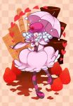  1girl :d bubble_skirt cake checkered checkered_background chocolate_cake food food_themed_clothes fruit grey_eyes happinesscharge_precure! hat heart hirounp hosshiwa open_mouth pantyhose pink_skirt precure ringlets shoes short_hair skirt smile solo standing strawberry striped striped_legwear umbrella wafer white_hair 