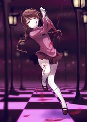  1girl blood blood_on_face braid brown_eyes brown_hair checkered checkered_floor expressionless flat_gaze kneehighs knife lamppost long_hair madotsuki purple_skirt reverse_grip shoes skirt solo sweater twin_braids usamito yume_nikki 