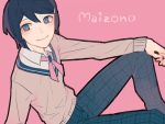  1boy blue_eyes blue_hair cardigan checkered checkered_legwear dangan_ronpa genderswap hair_ornament hairclip io_(sinking=carousel) maizono_sayaka male school_uniform solo 