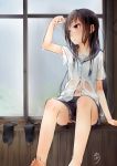  1girl akisyuuno black_hair brown_eyes long_hair navel original school_uniform serafuku socks_removed solo wet wet_clothes 