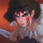  1girl brown_hair earrings facepaint headband ilya_kuvshinov jewelry lips mononoke_hime necklace parted_lips red_eyes san short_hair solo weapon 