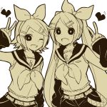  2girls cosplay hair_ornament hair_ribbon hairclip hatsune_miku heart kagamine_rin kagamine_rin_(cosplay) long_hair monochrome multiple_girls one_eye_closed open_mouth ribbon saku_anna short_hair simple_background treble_clef twintails v vocaloid white_background wink 