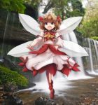  1girl arm_ribbon ascot blonde_hair blue_eyes clear_echoes dress fairy_wings fang forest juliet_sleeves layered_dress long_sleeves looking_at_viewer maid_headdress nature open_mouth puffy_sleeves red_dress smile solo sunny_milk touhou two_side_up water waterfall white_dress wings 