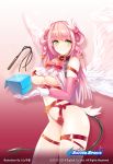  1girl angel_wings blush breasts chain cleavage collar demon_tail elbow_gloves gloves green_eyes hair_ornament heart large_breasts long_hair looking_at_viewer original pink_hair smile snowball22 soccer_spirits solo tail whip white_gloves white_wings wings 