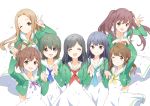  black_hair blue_eyes bow brown_eyes brown_hair closed_eyes green_eyes hayashida_airi hisami_nanami holding_hands katayama_minami kikuma_kaya long_hair multiple_girls nanase_yoshino okamoto_miyu sailor_dress school_uniform shimada_mayu short_hair tiv twintails wake_up_girls! 