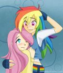  2girls blue_eyes blush fingerless_gloves fluttershy hug long_hair my_little_pony personification pink_hair rainbow_dash rainbow_hair violet_eyes wink yuri 