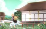  1girl absurdres alternate_hair_color architecture blonde_hair blue_sky clouds east_asian_architecture flower grass highres hijiri_byakuren juliet_sleeves layered_dress long_hair long_sleeves looking_at_viewer mountain puffy_sleeves sanpyon sky smile solo stone touhou tree v_arms wind yellow_eyes 