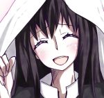  1girl :d akemi_homura black_hair blanket closed_eyes facing_viewer funeral_dress getumentour gradient gradient_background long_hair mahou_shoujo_madoka_magica open_mouth portrait simple_background smile solo 