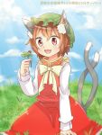  1girl animal_ears blue_sky bow brown_eyes brown_hair cat_ears cat_tail chen clouds clover dress ear_piercing fang four-leaf_clover ibarashiro_natou jewelry ladybug mob_cap multiple_tails open_mouth piercing red_dress shirt single_earring sky smile solo tail touhou translation_request 