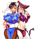  angry black_hair bracelet breasts brown_hair bun_cover china_dress chinese_clothes chun-li clenched_teeth curvy double_bun fingerless_gloves gloves han_juri jewelry large_breasts short_hair smile spiked_bracelet spikes street_fighter street_fighter_iv super_street_fighter_iv torimeiro twintails 