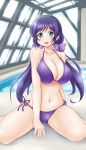  1girl bikini breasts green_eyes highres indoor_pool kneeling large_breasts long_hair love_live!_school_idol_project pool purple_hair swimsuit toujou_nozomi twintails utomo 