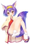  1girl amamine animal_ears blush brown_eyes hairband hatsuse_izuna japanese_clothes no_game_no_life purple_hair short_hair simple_background sleeves_past_wrists socks solo tail white_background 
