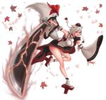  animal_ears broken broken_sword broken_weapon detached_sleeves fusion geta hat highres huge_weapon inubashiri_momiji league_of_legends red_eyes riven_(league_of_legends) short_hair silver_hair sword tokin_hat touhou weapon wolf_ears 