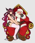  1boy 1girl bangs beard blue_eyes bra christmas cigar facial_hair gloves hat heterochromia highres hololive hololive_english horns irys_(hololive) long_hair looking_away multicolored_hair peagade pointy_ears pout purple_hair santa_claus santa_costume santa_hat sitting sitting_on_lap sitting_on_person smile thigh-highs throne underwear violet_eyes virtual_youtuber white_hair 