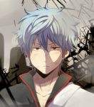  1boy blue_hair gintama injury japanese_clothes red_eyes sakata_gintoki silver_hair solo wound yukichi_(eikichi) 