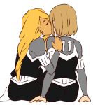  1boy 1girl blonde_hair brown_hair cheek_kiss closed_eyes einamu from_behind inazuma_eleven_(series) inazuma_eleven_go inazuma_eleven_go_chrono_stone kiss long_hair protocol_omega reiza sekina simple_background sitting white_background 