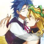  2boys blonde_hair blue_hair bow closed_eyes dio_brando earrings fangs ghost headband hug jewelry jojo_no_kimyou_na_bouken jonathan_joestar lowres multiple_boys necktie open_mouth red_eyes sewenan short_hair sweater_vest tears time_paradox 