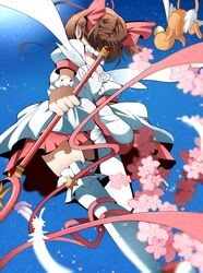  1girl absurdres baton bow brown_hair cardcaptor_sakura dress feathers from_below fumiko_(miruyuana) hair_bow highres kerberos kinomoto_sakura magical_girl puffy_short_sleeves puffy_sleeves ribbon short_sleeves thigh-highs two_side_up upskirt white_dress white_legwear zettai_ryouiki 