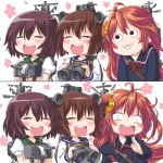  ahoge brown_hair bunny_hair_ornament crescent_hair_ornament dd_(ijigendd) hair_ornament kantai_collection long_hair multiple_girls mutsuki_(kantai_collection) open_mouth personification redhead sailor_dress school_uniform serafuku short_hair smile uzuki_(kantai_collection) yukikaze_(kantai_collection) 