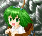  1girl absurdres bucket green_eyes green_hair hair_bobbles hair_ornament highres in_bucket in_container kanatarai kisume looking_at_viewer open_mouth rope short_hair stone_wall touhou twintails wall 