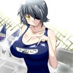  1girl alternate_costume bare_shoulders black_hair breasts collarbone eyepatch headgear headwear_removed impossible_clothes kantai_collection large_breasts one-piece_swimsuit outdoors sankakusui_(artist) school_swimsuit shiny shiny_skin short_hair solo solo_focus swimsuit tenryuu_(kantai_collection) touching yellow_eyes 