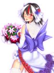  1girl ;p black_hair bouquet bow bridal_veil dress flower from_behind garter_straps horns hozenkakari kijin_seija lily_(flower) multicolored_hair one_eye_closed red_eyes redhead rose tongue touhou veil wedding_dress wink 