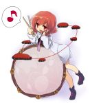  1girl asyura7 drum drumsticks fang horikawa_raiko instrument jacket looking_at_viewer lying miniskirt necktie on_stomach open_mouth red_eyes redhead short_hair skirt skirt_set smile solo touhou white_clothes 