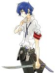  arisato_minato armband blue_hair clothes_around_waist evoker jacket_around_waist persona persona_3 profile short_hair solo sutei_(giru) sword weapon yuuki_makoto 