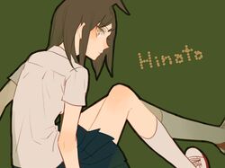  1girl ahoge brown_hair character_name dangan_ronpa genderswap hinata_hajime io_(sinking=carousel) necktie short_hair skirt socks solo super_dangan_ronpa_2 yellow_eyes 