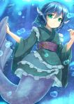 1girl blue_hair bubble fish green_eyes head_fins holding_tail japanese_clothes kimono looking_at_viewer mermaid monster_girl niiya pout short_hair solo touhou underwater wakasagihime wide_sleeves