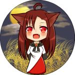  1girl ahoge animal_ears bare_shoulders blush breasts brown_hair chibi dress fang full_moon imaizumi_kagerou jewelry looking_at_viewer moon open_mouth red_eyes slit_pupils smile solo touhou wolf_ears 