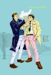  2boys absurdres chain-link_fence cigar cigarette columbo_(detective) fence formal hand_in_pocket highres multiple_boys raincoat simple_background smoking standing suit 